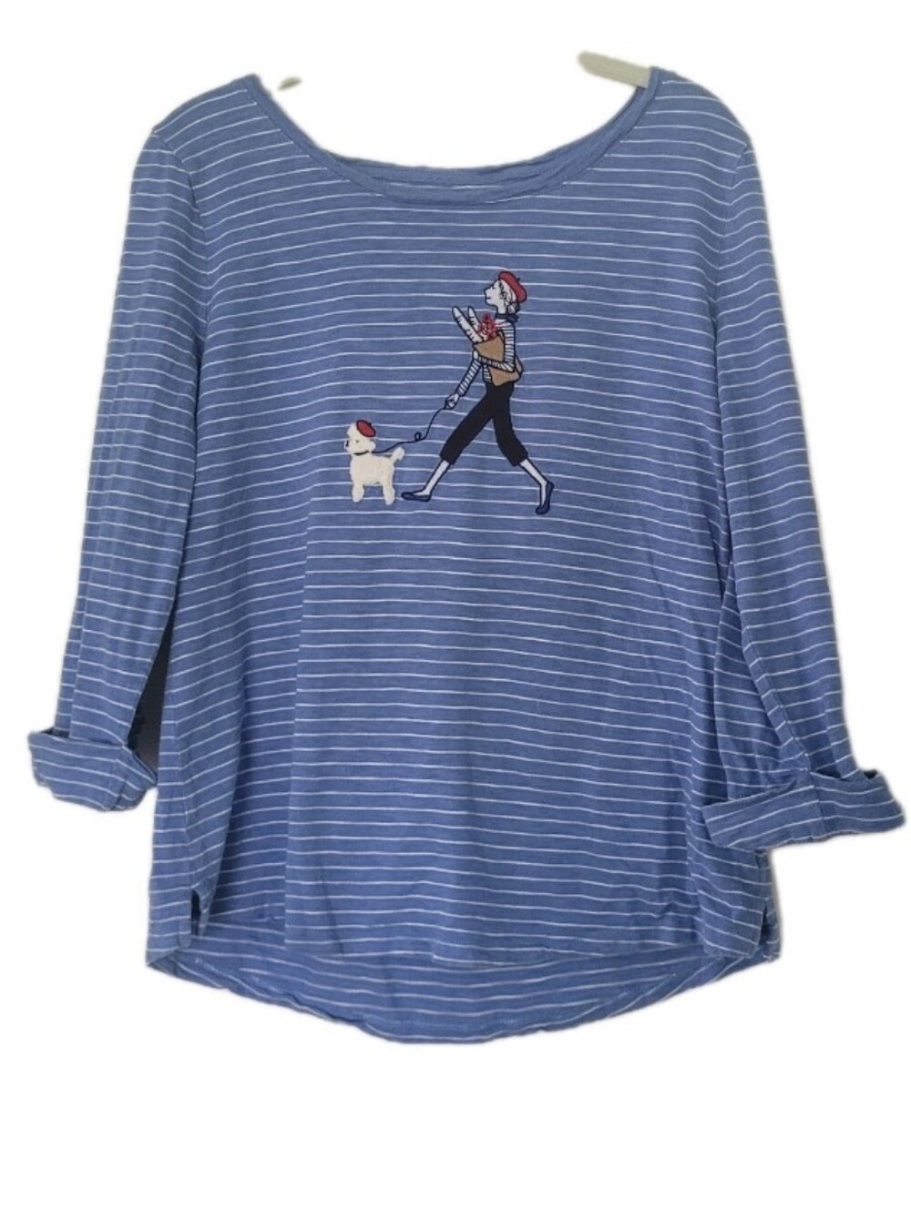 Embroidered French Lady Roll Cuff Tee Size L Stripes Dog Embroidered Whimsy Soft